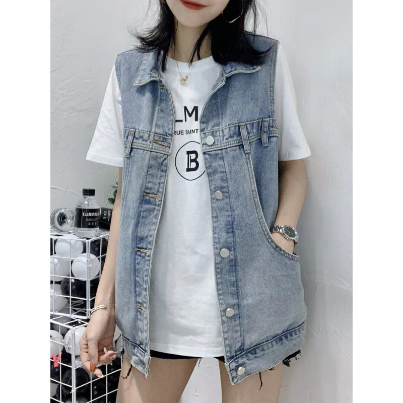 Spring and Autumn New Denim Vest Women's Large Size Loose Sleeveless Casual Versatile Vest Workwear Waistoutwear Jacket Trendy