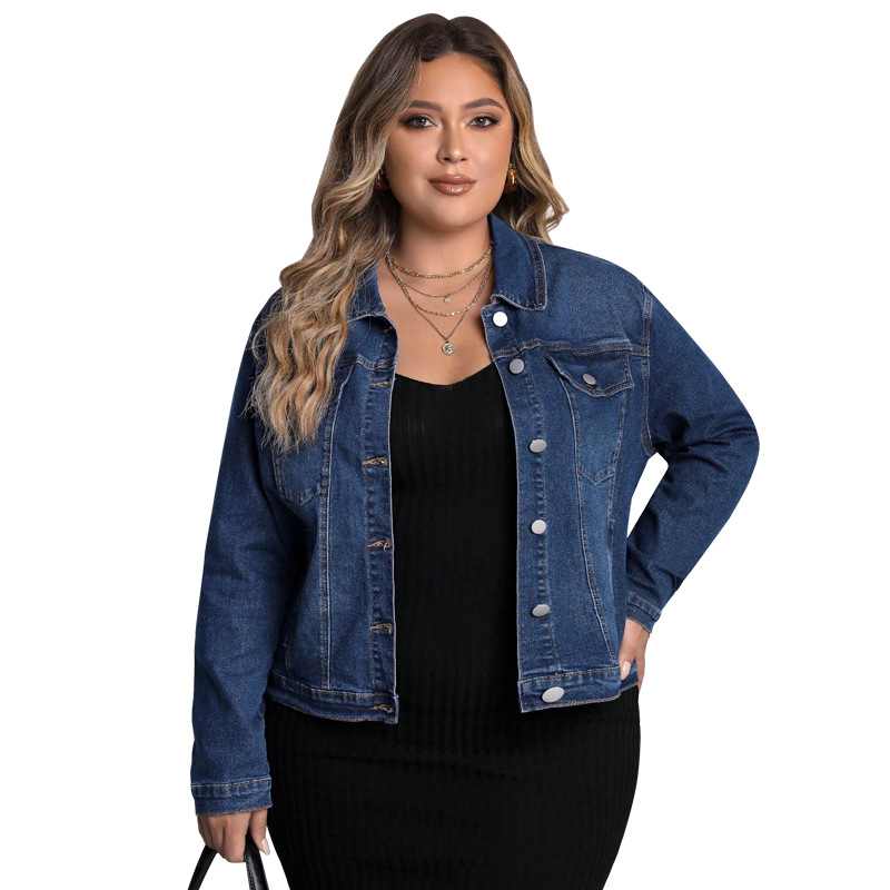 Plus Size Denim Top, Women's Long Sleeve Chambray Shirt, Classic Stretch Denim Shirt For Casual & Office Wear_ecoleips.com