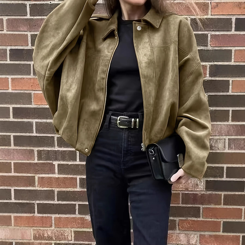 2026 Retro Suede Top with Lapel Collar, Short Jacket, Versatile Workwear, Slimming Effect