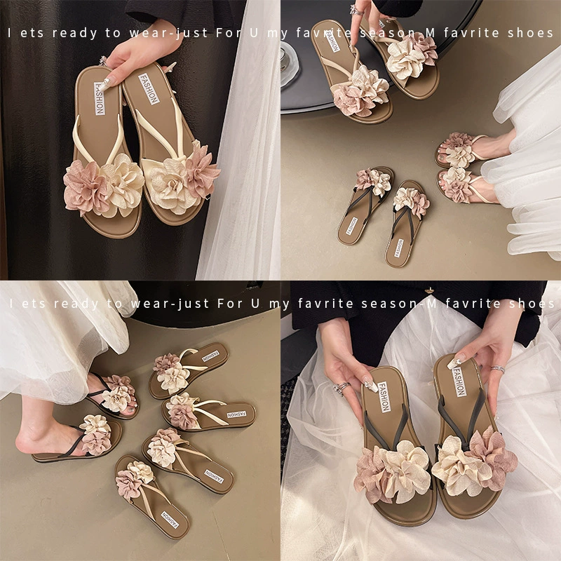 2025 новых модных и универсальных летних пляжных тапочек для женщин с цветочным принтом и мягкой подошвой