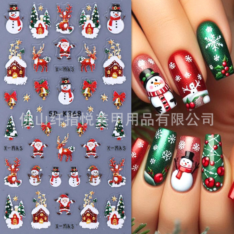 Cross-border New Christmas Nail Art Stickers 5D Embossed Three-dimensional Gnome Santa Claus Snowman Reindeer Nail Stickers