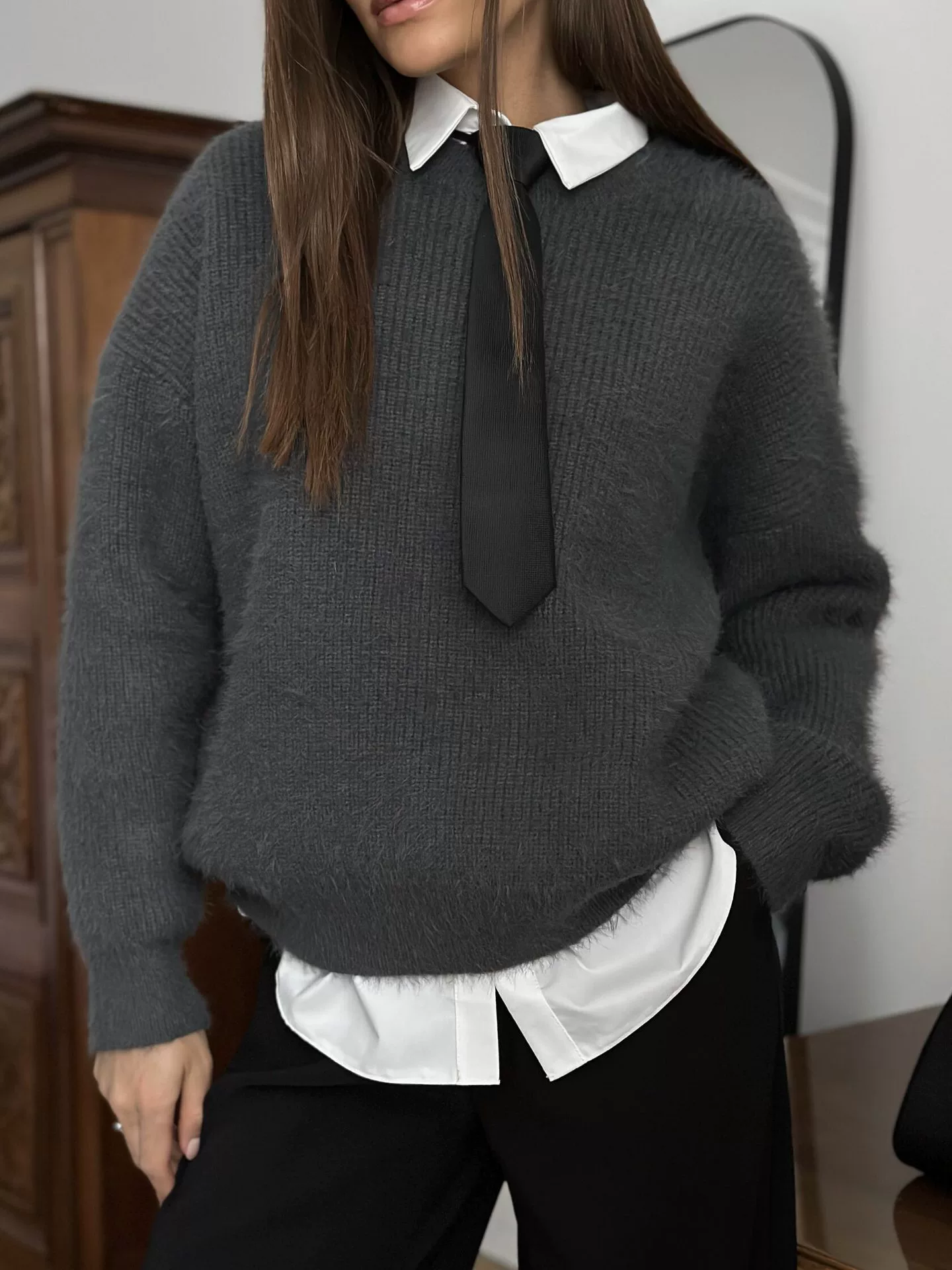 Демисезонный свитер с круглым воротом, тёплый длинный рукав, oversize