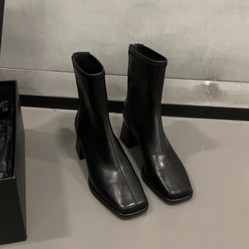 Xinyuda~Square Toe Back Zipper Thick Heel Elastic Short Boots for Women, Versatile and Not Tiring, Slim Boots with Skirt and Socks