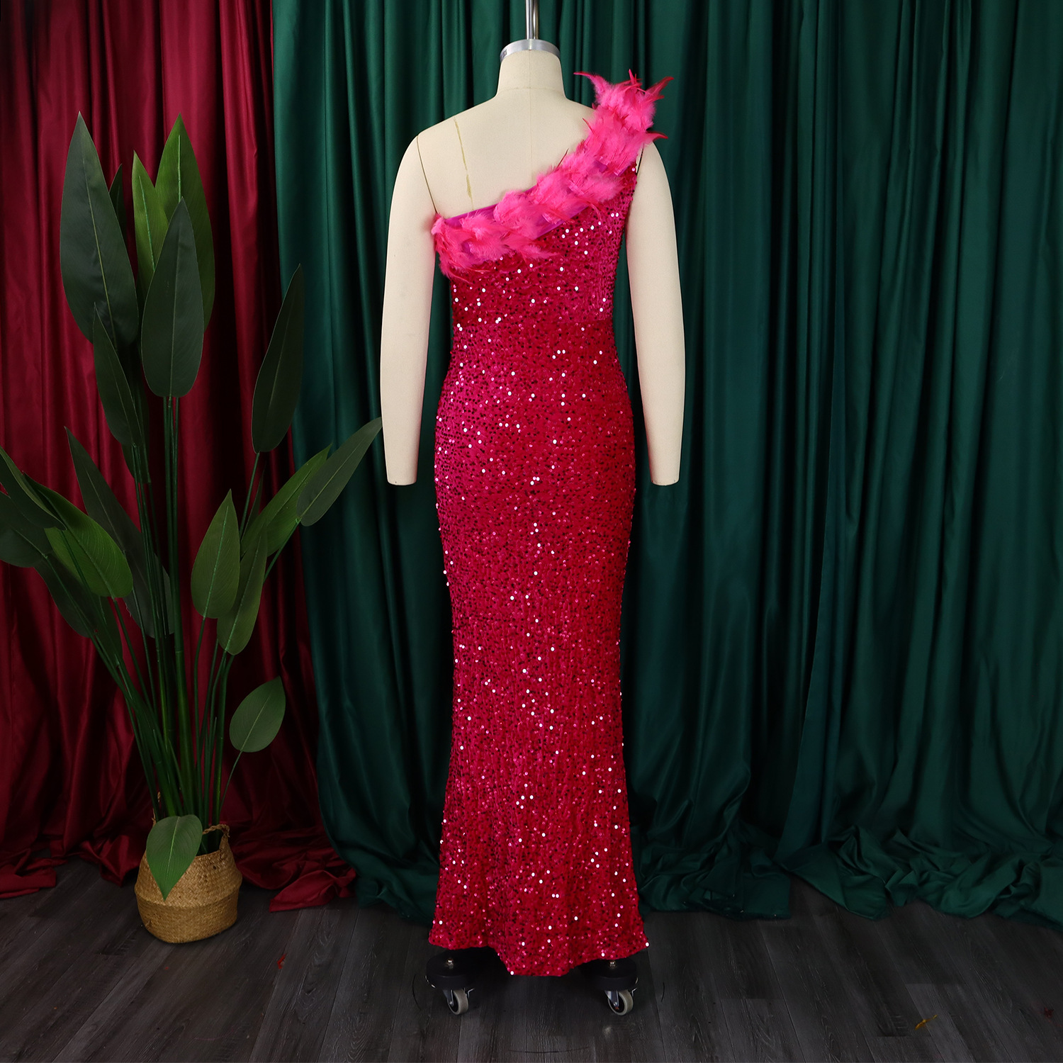 Women's Clothing women's summer sexy fashion feather oblique collar banquet dress skirt sequin slit long skirt_voghion.com