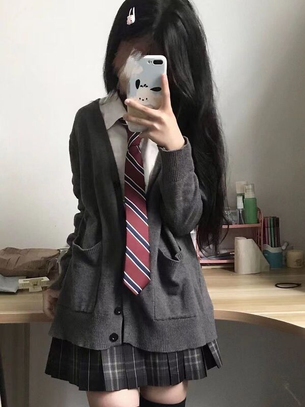 甜美学院风纯色毛衣女校供感宽松百搭纯色长袖领针织开衫套装|undefined