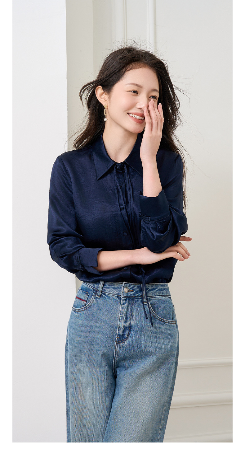Áo sơ mi nữ dài tay chất liệu acetate phong cách tân cổ điển — Màu xanh navy chi tiết 21