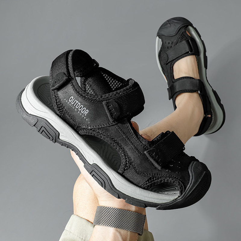 2026 verano al aire libre sandalias de cabeza de nuevo zapato de playa de suela gruesa hueco ventilado secado rápido velcro zapatos casuales para hombres