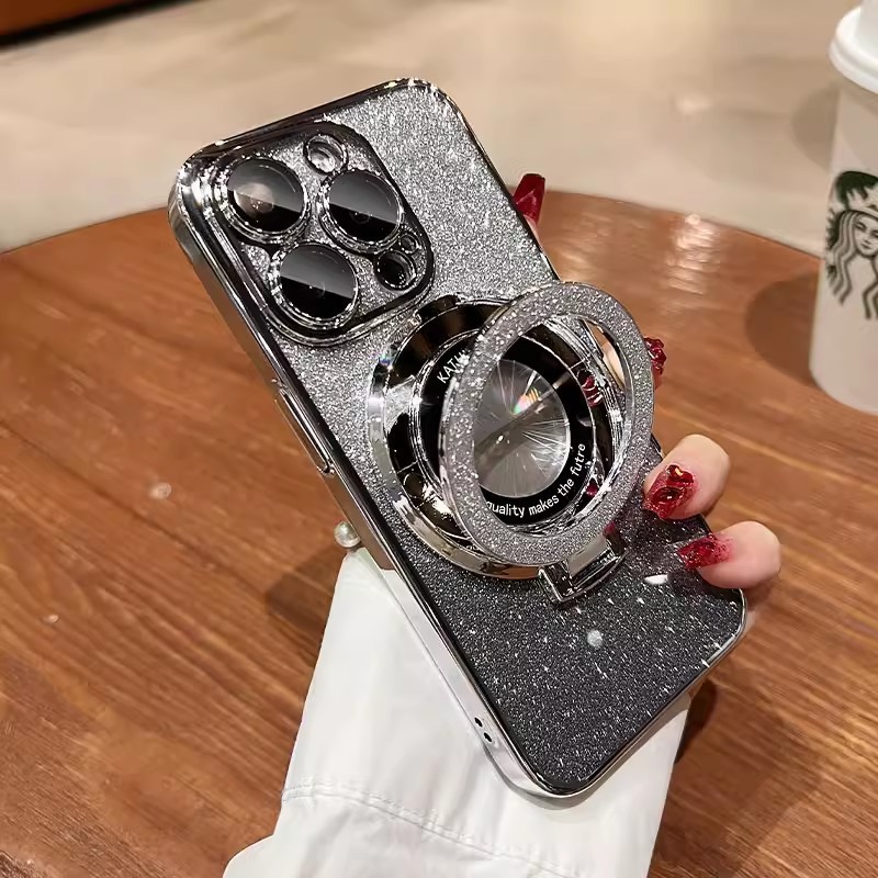 IPhone15メッキtpuフラッシュパウダー磁気吸引スタンド携帯ケースリンゴ16透明転倒防止i14保護カバーを適用|undefined