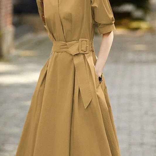 Workwear-Style Trench Coat with Lapel and Tie Waist Shirt Dress for Women, 2026 Summer New Elegant A-Line Dress Workwear-Style Trench Coat with Lapel and Tie Waist Shirt Dress for Women, 2026 Summer New Elegant A-Line Dress