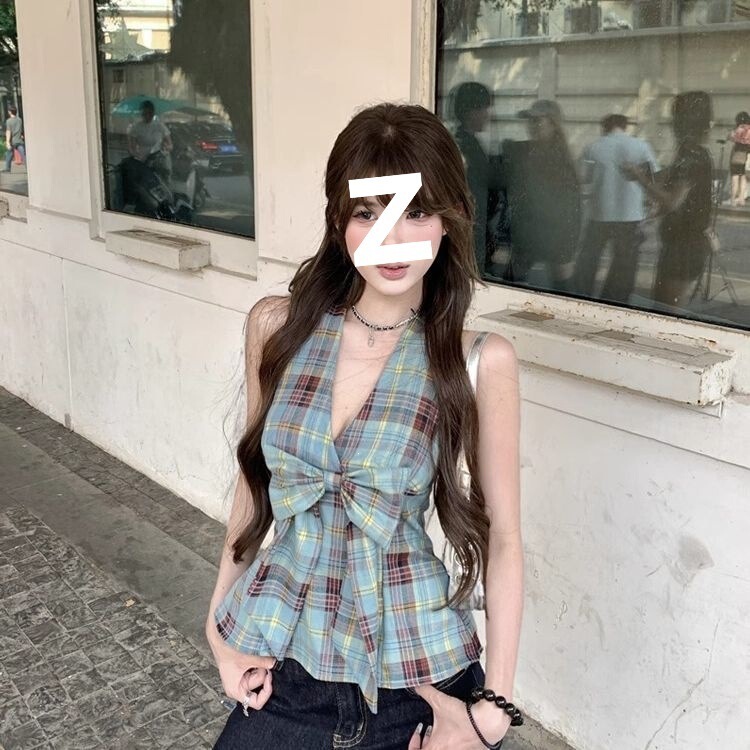 Sexy Hot Girl Bow-Knot Plaid Halter Top 2026 Summer New Style Waist-Cinching Slimming Outerwear Women's Ins