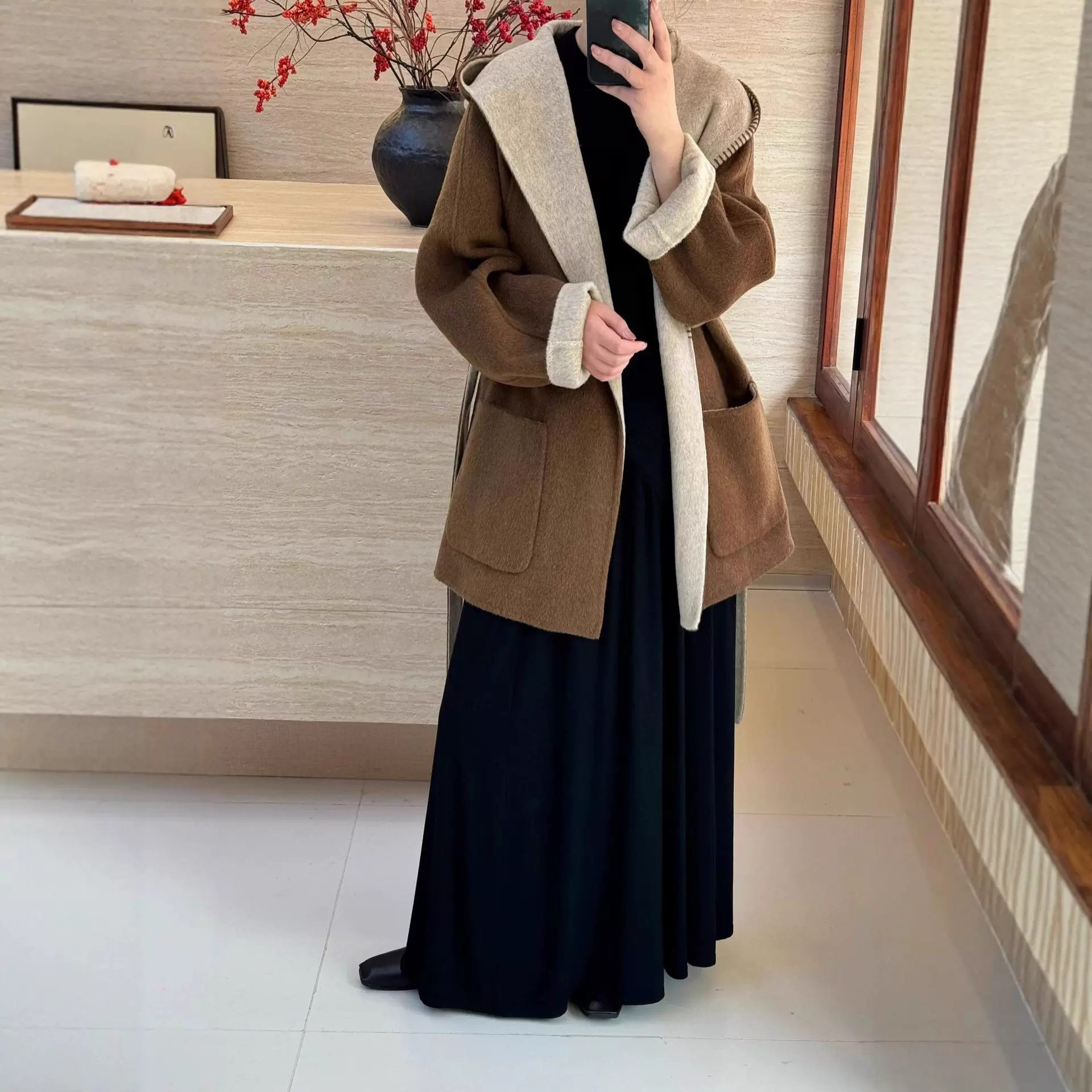 2025韩版Ab面拼色短款秋冬连帽系带宽松口袋双面羊毛大衣女外套