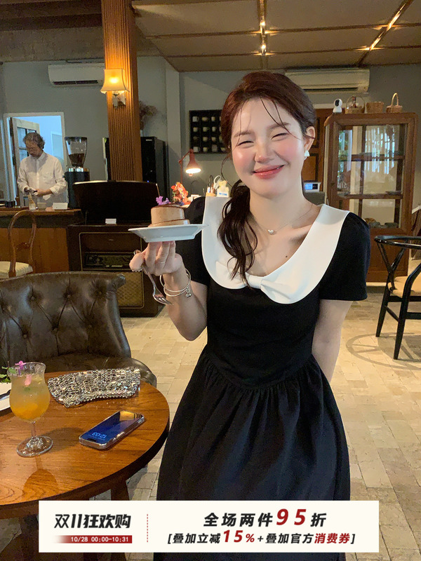 Hot and Hot Temperament Online Korean Style Waist-Cinching Contrasting Color Doll Collar Dress for Women Slimming and Gentle Long Skirt Hot and Hot Temperament Online Korean Style Waist-Cinching Contrasting Color Doll Collar Dress for Women Slimming and Gentle Long Skirt