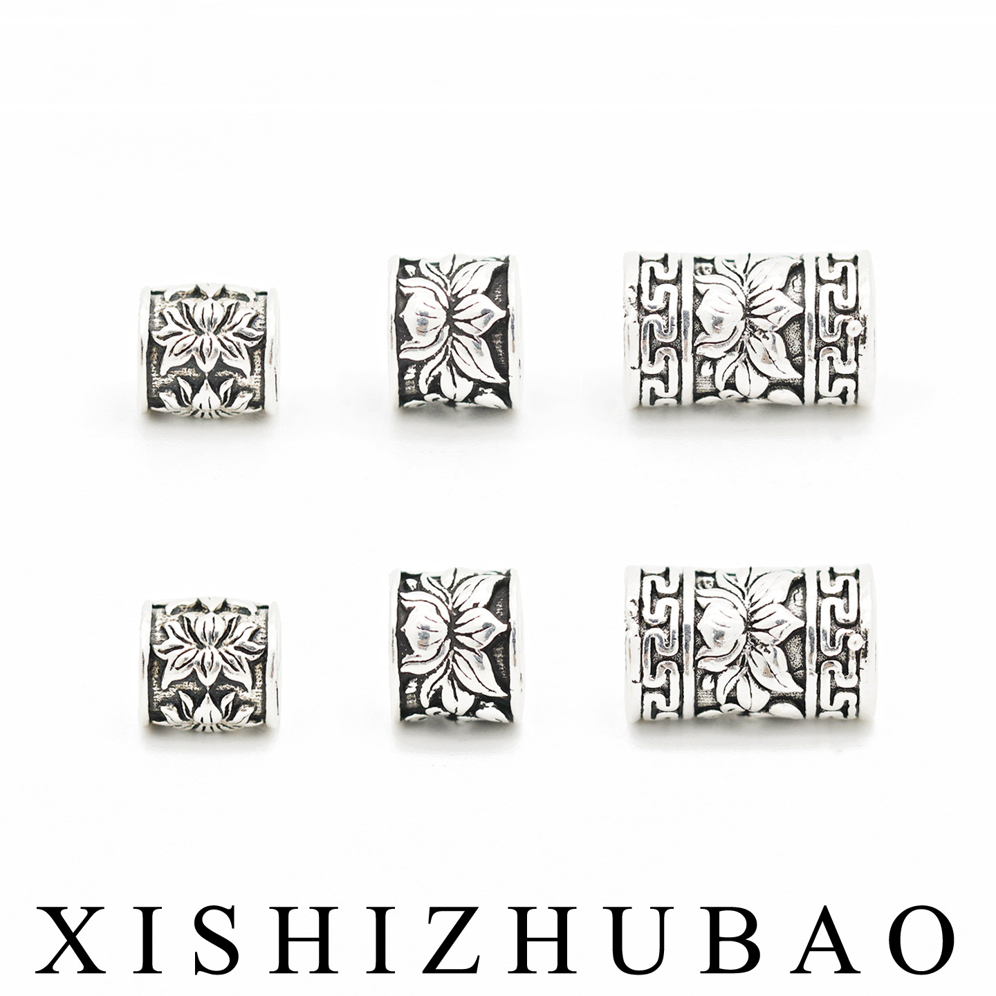 S925 Sterling Silver Spacer Beads, Vintage-Style Water Lily Lotus Small Barrel Beads, Long Barrel Beads with Pattern, DIY Bracelet Beading Silver Accessories