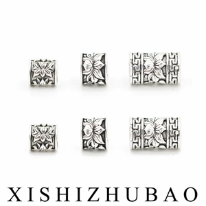 S925 Sterling Silver Spacer Beads, Vintage-Style Water Lily Lotus Small Barrel Beads, Long Barrel Beads with Pattern, DIY Bracelet Beading Silver Accessories