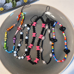 韓版新款串珠手機鏈甜酷風個性彩色蝴蝶結愛心珍珠手機鏈掛飾女