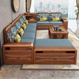 新中式胡桃木伸缩拉床带抽储物雕花实木沙发客厅新款沙发床两用