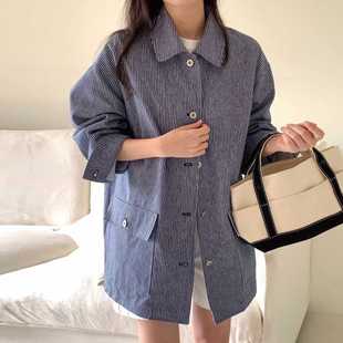 Korean Style Autumn New Casual Commuter Loosen Striped Long-sleeved Shirt Jacket