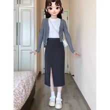 韩系三件套装女秋季法式针织开衫短袖T恤纯欲开叉半身裙