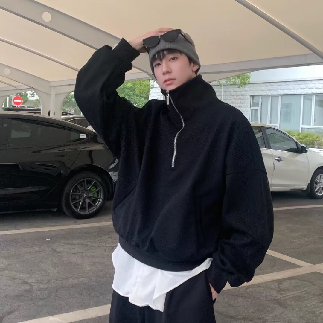 半拉链POLO领卫衣外套男女春秋季oversize韩系痞帅潮ins学生上衣
