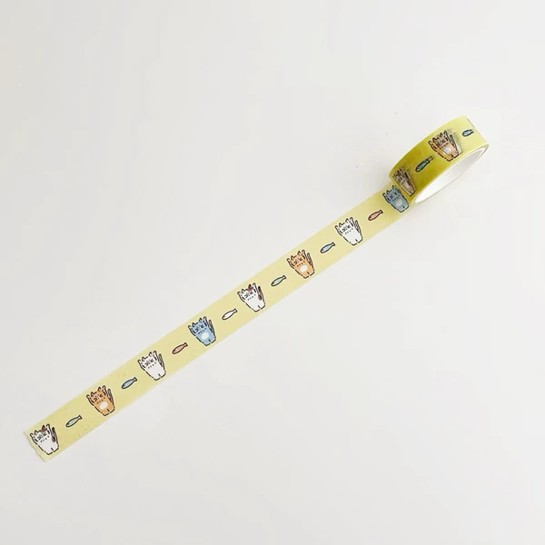 Washi tape—cat with raised hands on yellow background