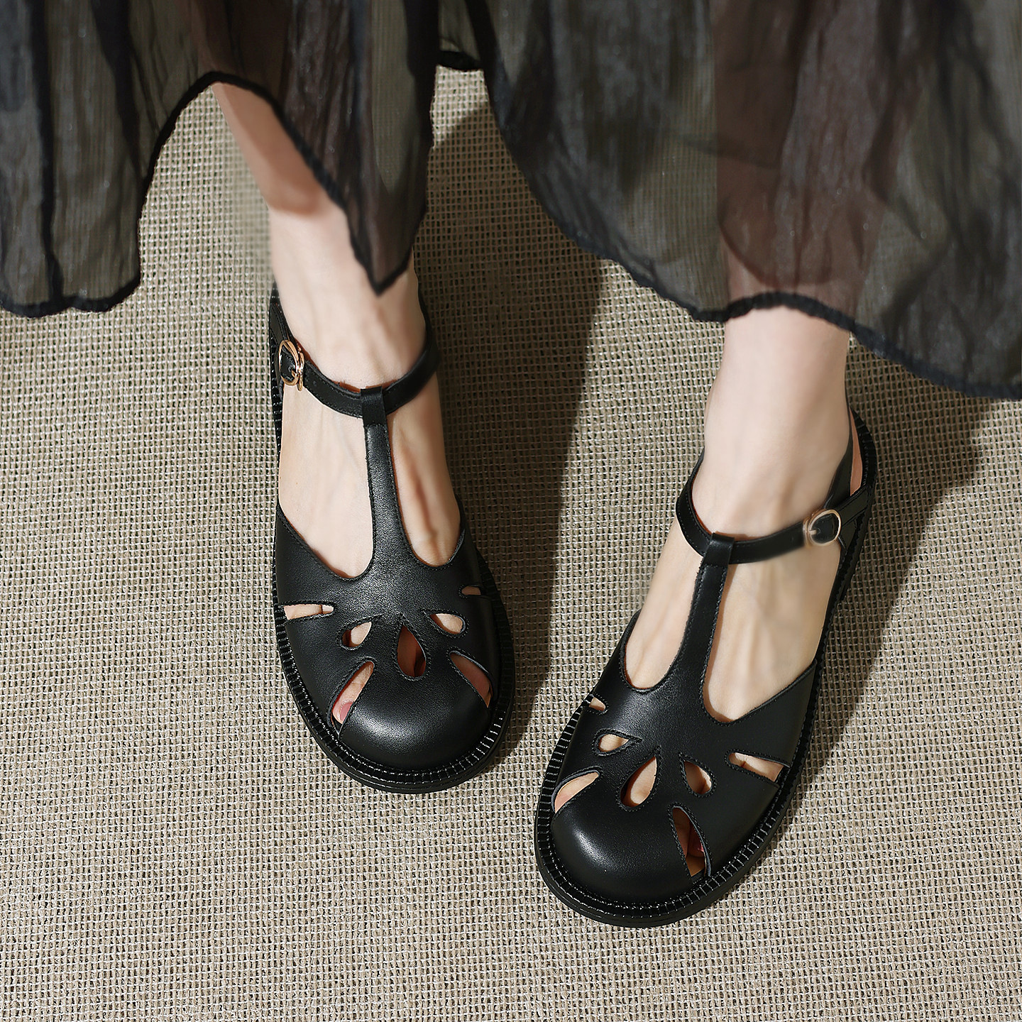 Sandal nữ da bò kiểu La Mã quai chữ T gót thấp — màu nâu chi tiết 8