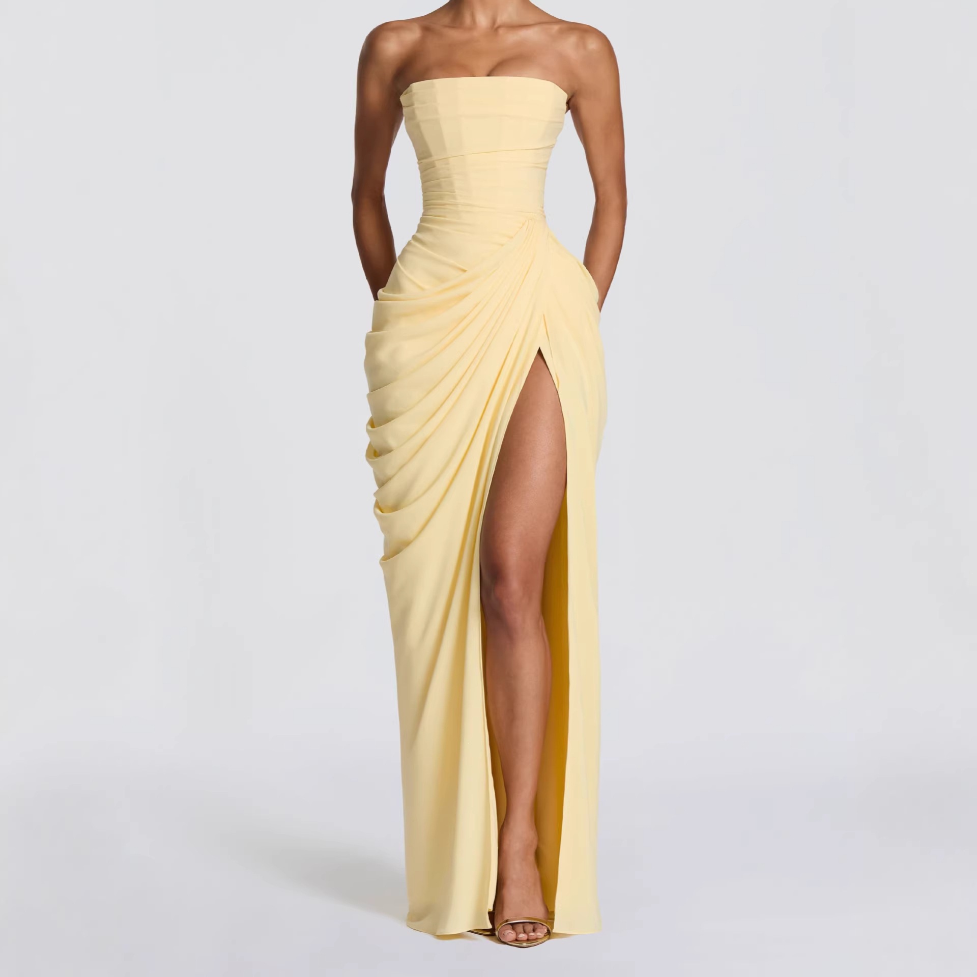 2026 European and American New Style Asymmetrical Pleated Sexy High-Slit French Romantic Strapless Pleated Slit Dress