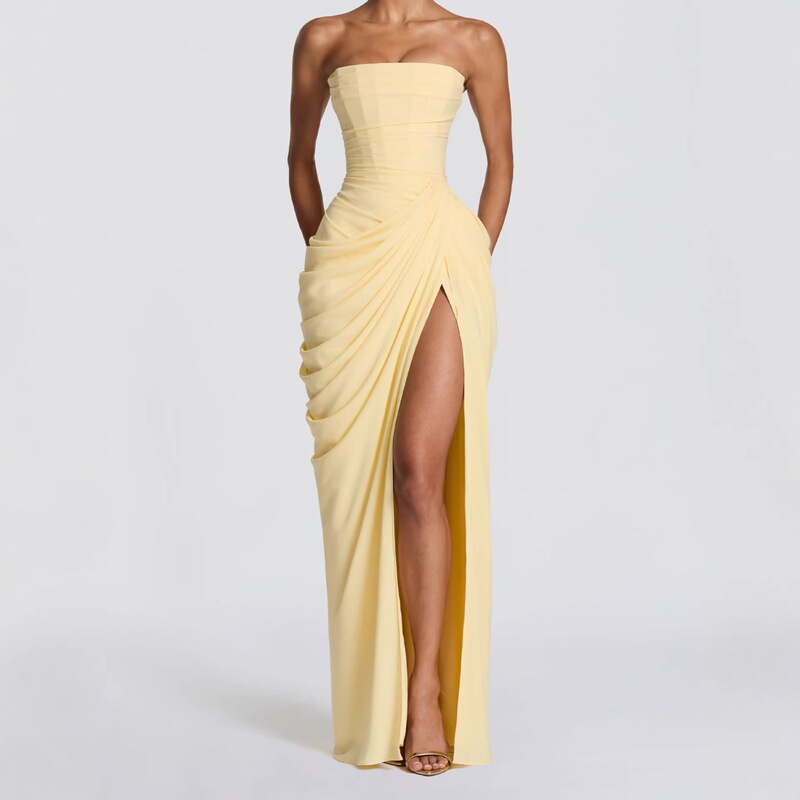 2026 European and American New Style Asymmetrical Pleated Sexy High-Slit French Romantic Strapless Pleated Slit Dress
