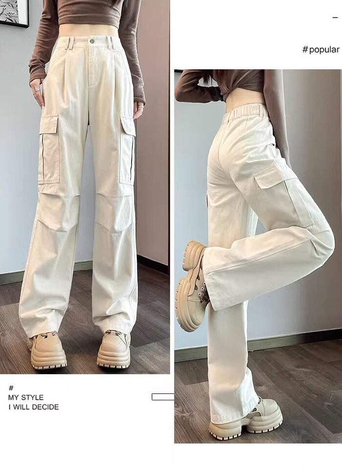 Quần cargo ống thẳng nữ dáng suông lưng cao phong cách thoải mái — Kaki (người đàn ông nhỏ), Kaki (thông thường), Màu đen (thân hình nhỏ), Màu đen (thông thường) chi tiết 21