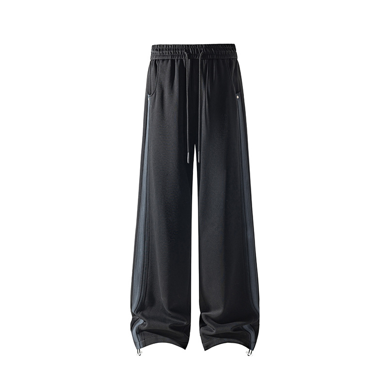Black Curved Hem Air-layer Drawstring Sweatp For Men, Spring Cleanfit High Street Patchwork Striped Retro Wide-leg_voghion.com