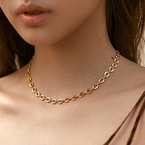 Copper-plated 18K real gold plain chain minimalist INS style versatile clavicle necklace heart-shaped O-link metal circle texture necklace