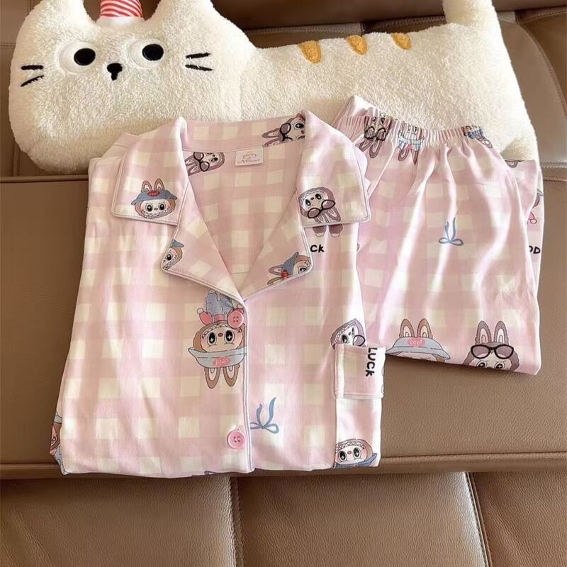 Cartoon Cute Pink Plaid Labubu Pajamas Women's Velvet Long-Sleeved Cardigan Warm Home Clothes Beautiful Girl Suit
