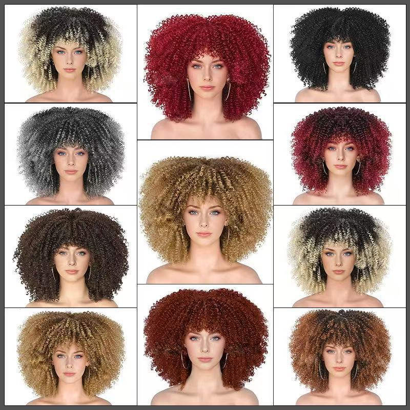 Damen-Afro-Perücke, klein, lockig, afrikanischer Stil, maschinell gefertigt, Kunstfaser, durchschnittliche Größe, glatte Textur, kurz, lang, mittellang_voghion.com