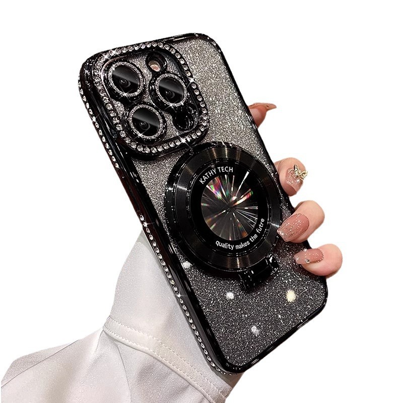 Aplicable a Apple 17PROMAX lujo ligero diamante galvanizado caso de teléfono móvil 15 polvo parpadeante soporte magnético Apple 16 cubierta