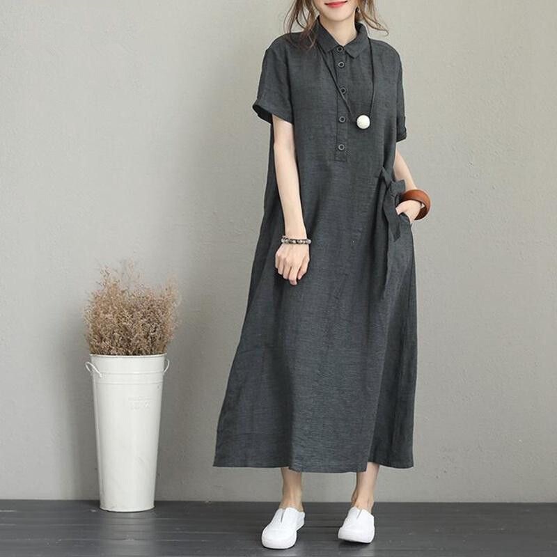 Summer Korean-Style Loose Linen Dress Plus-Size Women's Elegant Flared Skirt Short-Sleeved Shirt Cotton-Linen Long Dress Summer Korean-Style Loose Linen Dress Plus-Size Women's Elegant Flared Skirt Short-Sleeved Shirt Cotton-Linen Long Dress