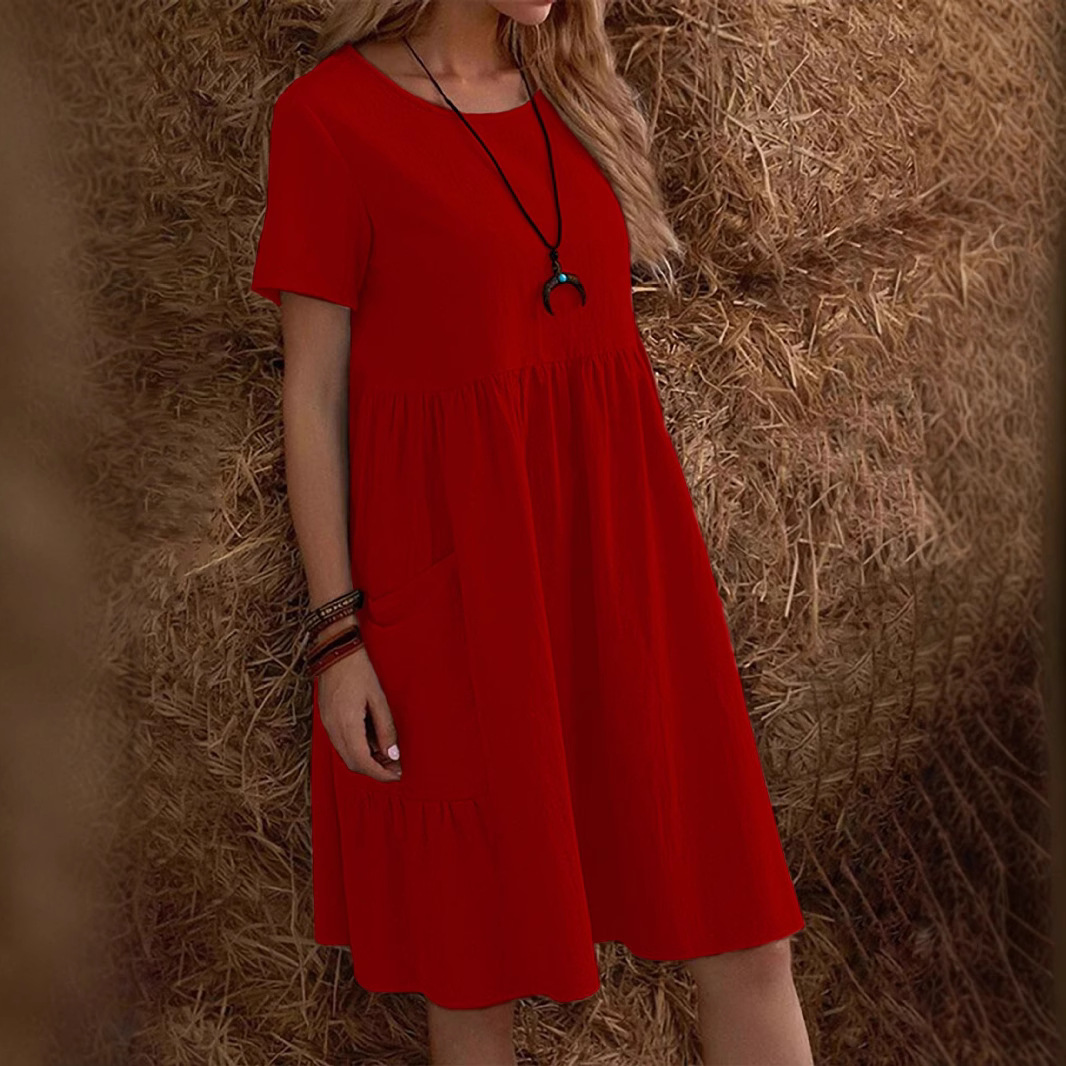 Women's Casual Short Sleeve A-Line Dress With Pockets, Solid Color Round Neck T-Shirt Dress For Everyday Wear_ecoleips.com
