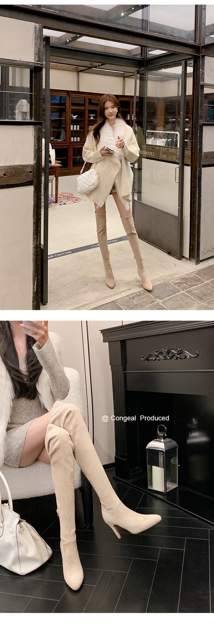 Boot nữ cổ cao trên gối mũi nhọn gót cao 9 cm chất da lộn co giãn — Lớp lót nhung tiêu chuẩn màu đen trên đầu gối, Lớp lót nhung lớn màu mơ trên đầu gối, Giày bốt cao cấp lót nhung tiêu chuẩn màu mơ, Lớp lót nhung đen trên đầu gối chi tiết 30