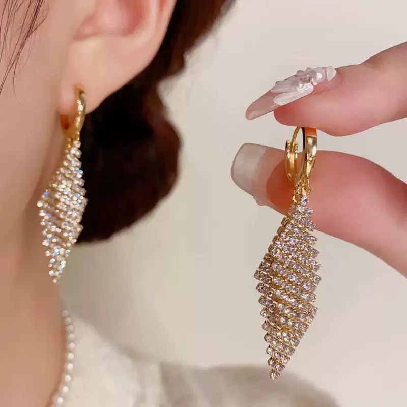 时尚轻奢高级感满钻几何双菱形耳扣个性精致百搭超闪耳坠耳饰