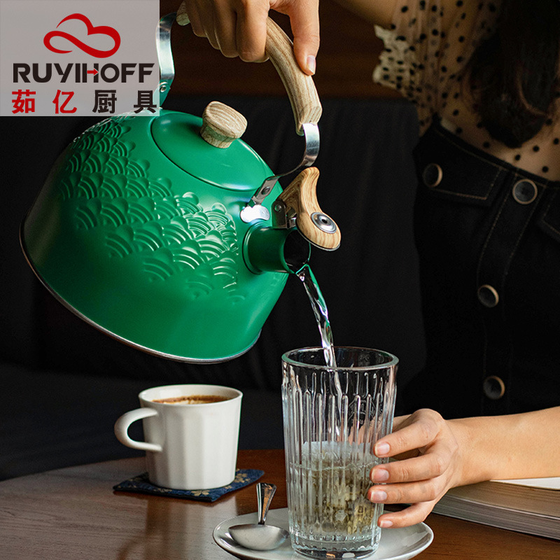 Cruz-frontera silbato creativo hervidor original de estilo europeo auspicioso nube patrón de acero inoxidable hervidor de agua 2.5L menta verde olla de sonido