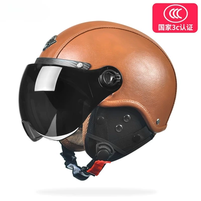half helmet autumn and winter Motosiklet dəbilqələri - one-size-fits-all-leather-brown-removable-ear-protection-class-a-harley-short-mirror-shade-short-mirror