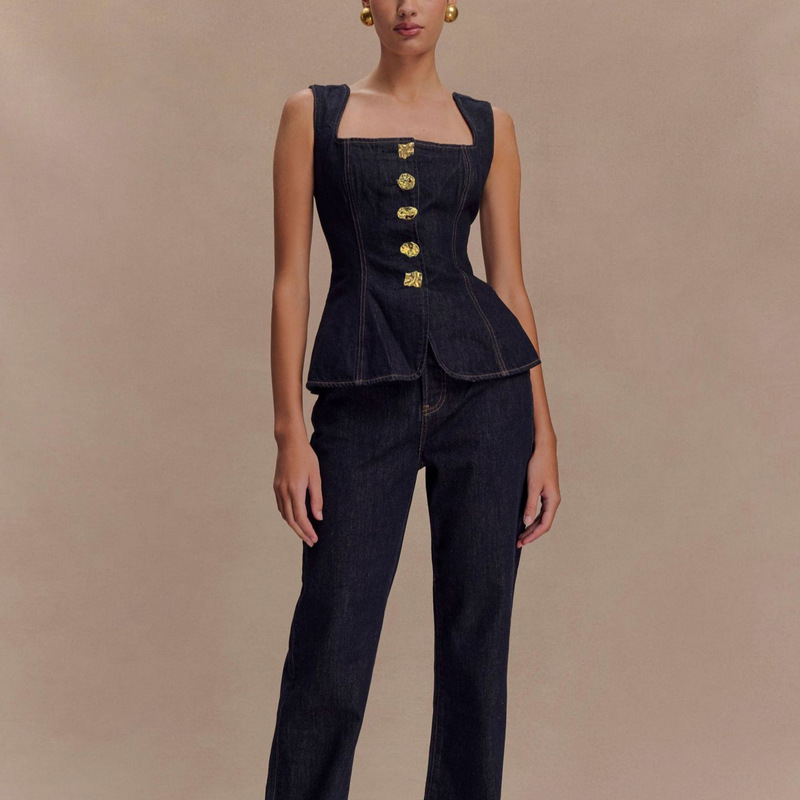 2025 Amazon Europe and America Cross-border Women's Clothing Modern Flavor Button High Waist Denim Jacket Pants suit 30857