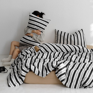 Japanese Style Simple Blogger Style INS Striped Cotton Bedding Three-Piece Set Lazy Four-Piece Set Bed Sheet Quilt Cover Batch