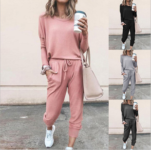 2020 Foreign Trade Sticky Spring and Autumn New Cross-border European and American Women's Loose Solid Color Long Sleeve Casual Suit