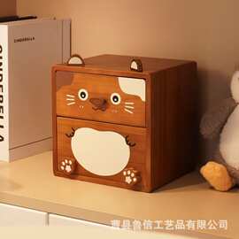 跨境实木桌面首饰盒双层饰品盒抽屉化妆品收纳盒卡通多用途木盒