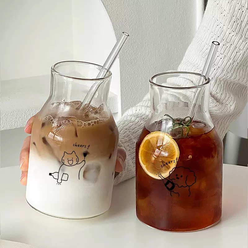 ins风玻璃杯家用喝水杯简约冷萃咖啡杯大容量高颜值果汁杯吸管杯