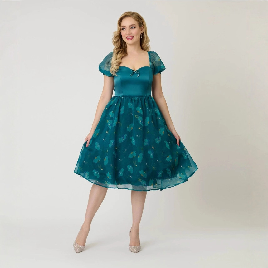 欧美跨境女装甜美优雅花卉印花方领泡泡袖连衣裙派对晚礼服