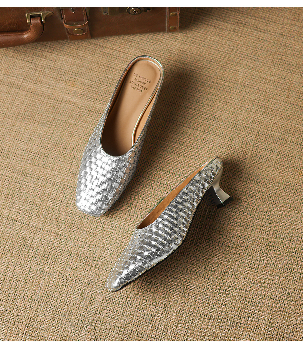 Sandal nữ mũi nhọn dệt vàng, gót 5 cm, phong cách thời trang — màu vàng chi tiết 23