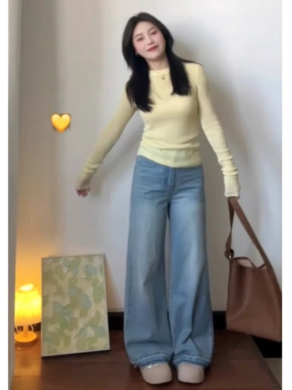 早秋穿搭黄色圆领内搭针织衫女长袖修身毛衣显瘦独特打底衫上衣潮|undefined