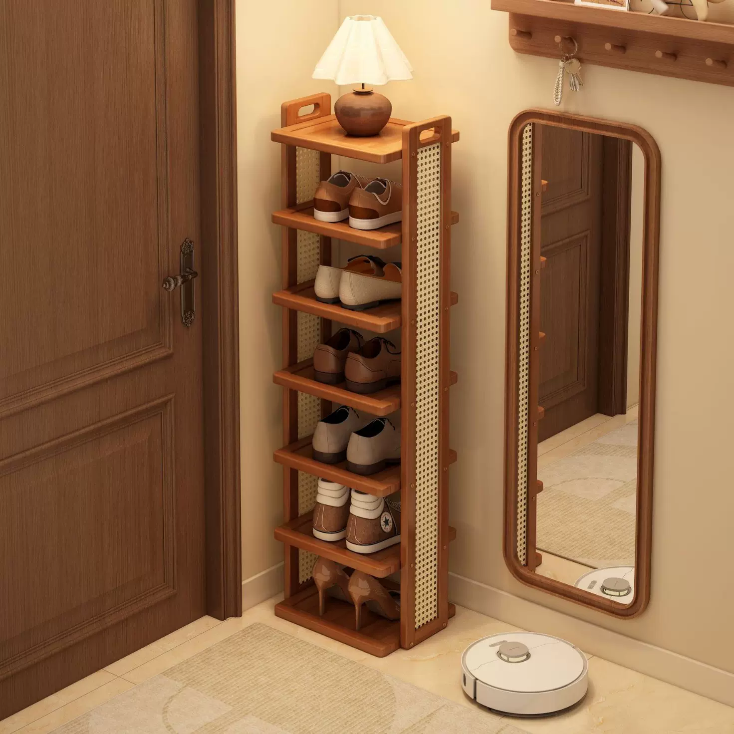 简易楠竹塑藤鞋子架入户小窄鞋架多层家用门口置物架子小收纳架子