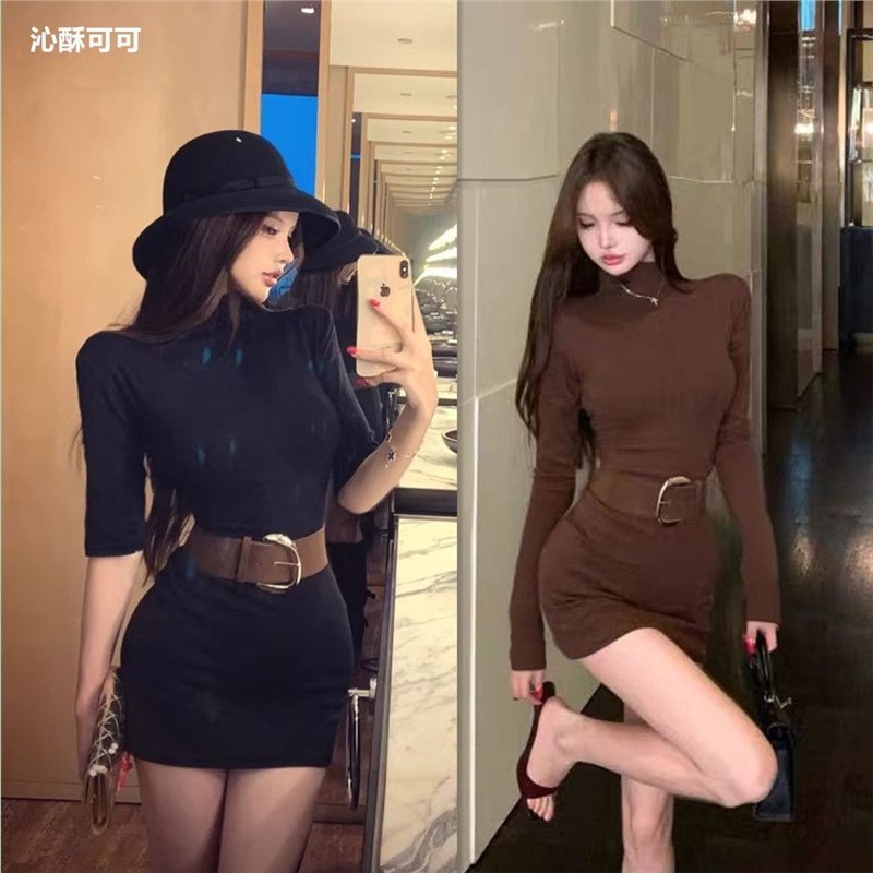 秋冬辣妹连衣裙腰带两件套半高领紧身性感包臀裙五分半长袖打底女