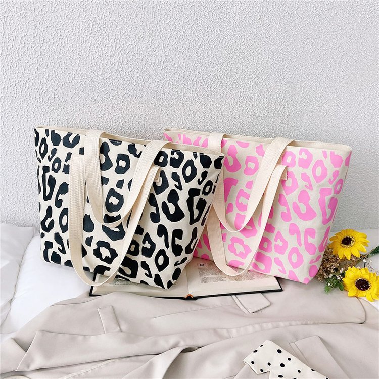168g Weight Women's Canvas Leopard Classic Style Square Zipper Shoulder Bag Tote Bag